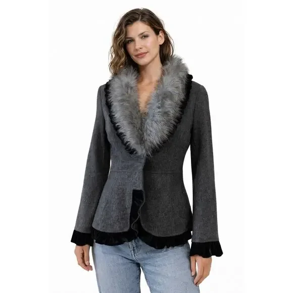 Vintage 2000s Roz & Ali Gray Faux Fur Collar Wool Blazer NWT size small - Picture 1 of 14